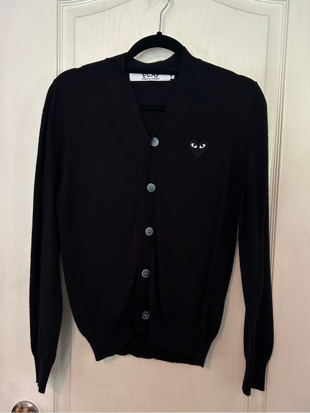 Comme des Garcons Black V‑Neck Cardigan with Heart Patch